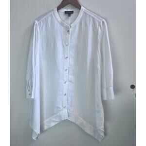 Women's White Linen Blend 3/4 Sleeves Button Up Casual Shirt Top Size M Beach